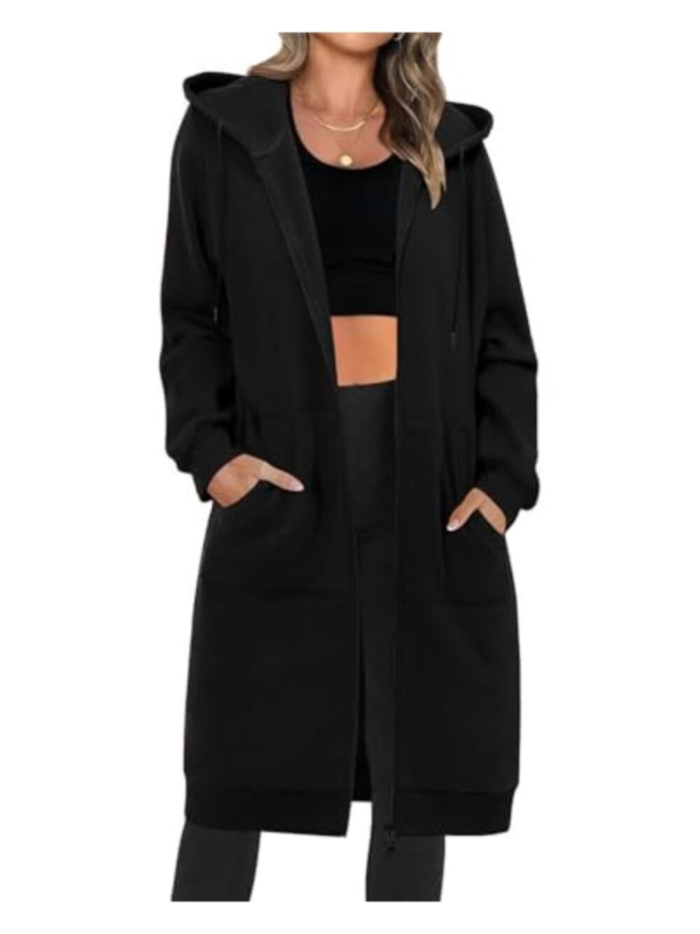 Fleece Lined Long Zip Up Hooded Tunic Jacket with Side Pockets